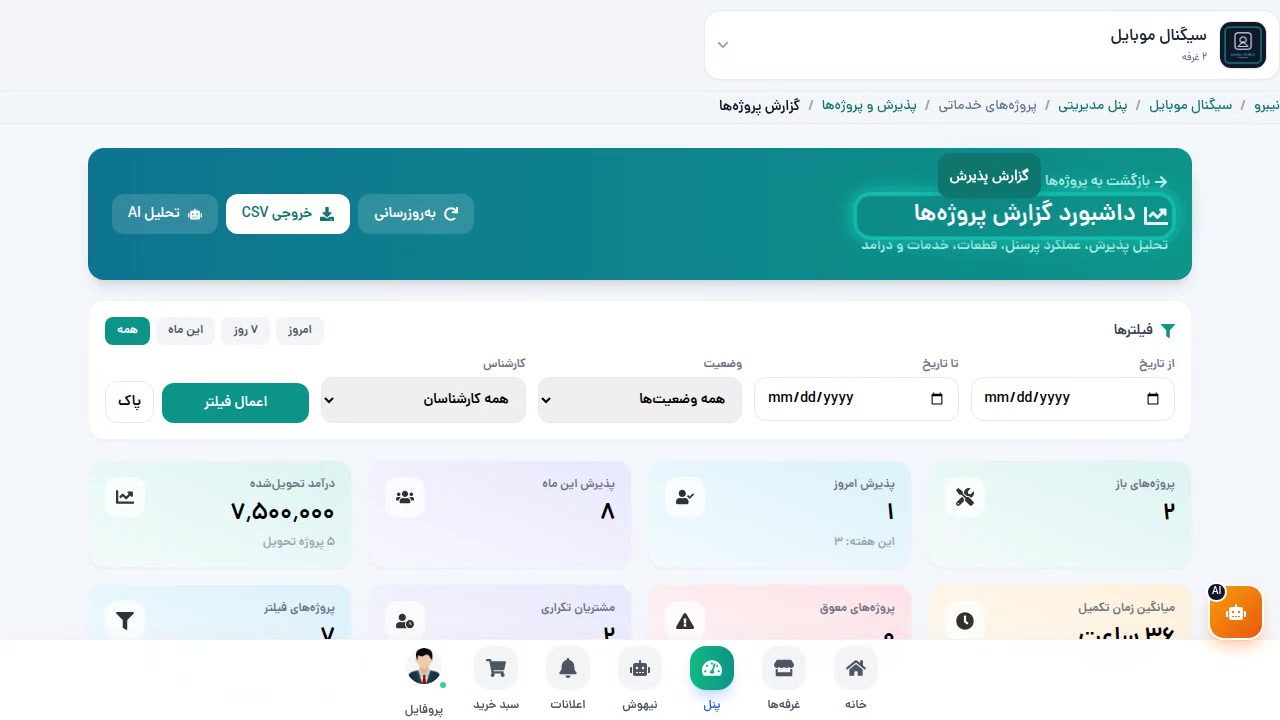 داشبورد گزارش پروژهها